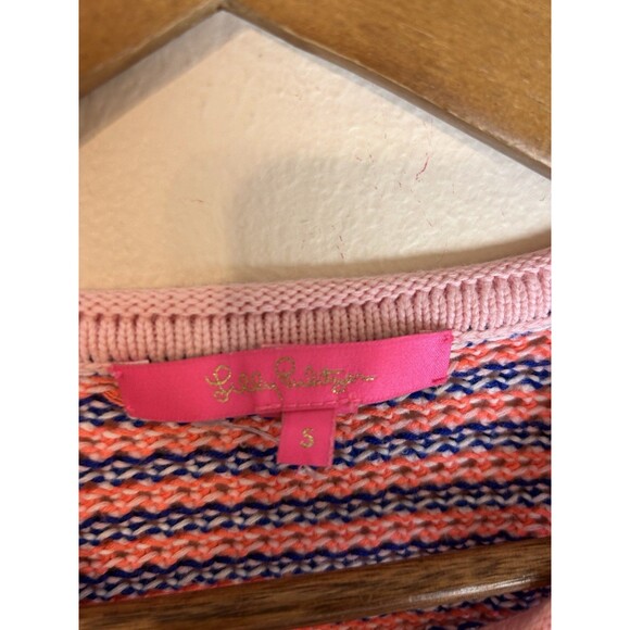 Lilly Pulitzer S Samora Knit Sweater Chevron Pink Crochet Open Knit Cotton Crop - Picture 3 of 5